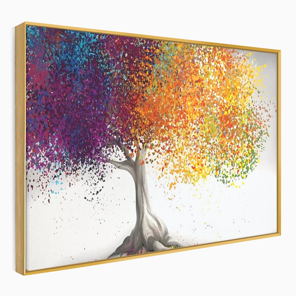 Tablou canvas cu tablou canvas cu un copac colorat, in rama de aluminiu auriu